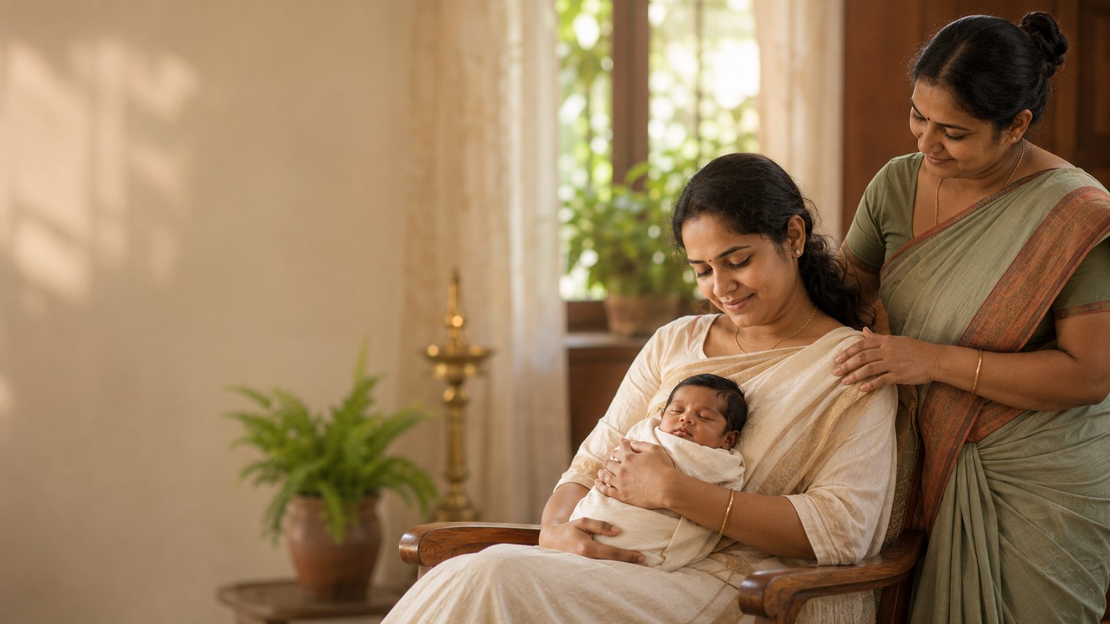 A new mother resting in a sunlit Kerala home, cradling her swaddled newborn, with a Navamma Ayurvedic caregiver's hand resting gently on her shoulder in support.